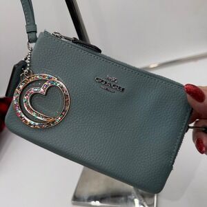Coach Double Zip Wristlet Teal Pebble Leather Heart Charm Pouch Card Holder